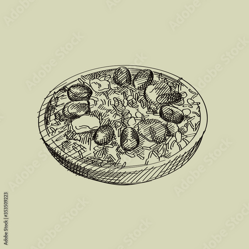 Hand-drawn vintage sketch of Azerbaijani national meal known as plov or pilaf. Simple Azerbaijan pilaf made of rice and dried fruits such as apricots, plums, chestnuts on top of the rice.	
