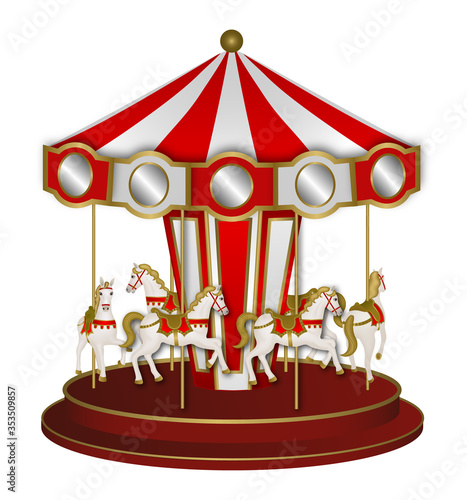 White and red carousel with white horses
