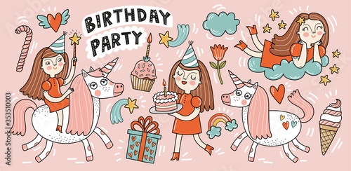 Unicorn, girl and happy birthday! Сгеу vector illustration of a birthday party. Drawings of rainbow, ice cream, cake, gifts for postcards, cards or poster.
