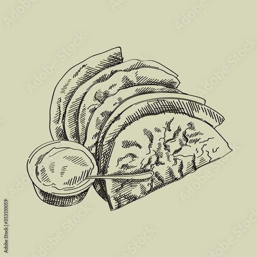 Hand drawn sketch of traditional Azerbaijani dish qutab made from thinly rolled dough with different filling cooked briefly on a convex griddle and served with yogurt	