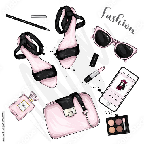 A selection of stylish women's accessories. Fashionable illustration. Vector for greeting card or poster, print on clothes. Fashion & Style. Shoes, bag, glasses, cosmetics and smartphone. Perfume and 