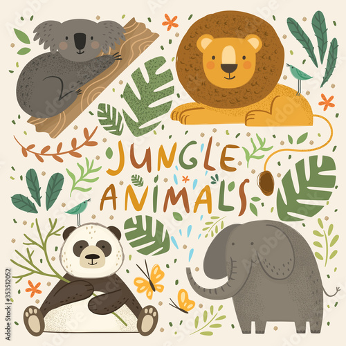 Jungle animals. Vector cute illustration of koala on branch, lion, panda holds bamboo, elephant, tropical palm leaves, flowers, green leaves isolated objects. Drawings for banner, card, postcard