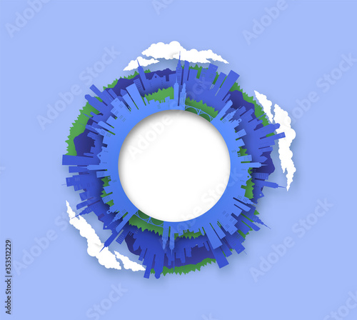 Paper cut city circle frame 3D papercut world view