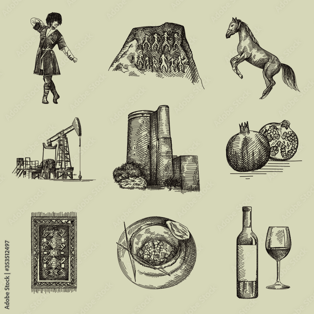 Obraz premium Hand-drawn sketch of national Azerbaijan symbols. Patterned carpet, qobustan rock, pomegranate, oil pump, Maiden tower, Karabakh horse on hind legs, lezginka dancer in a national costume