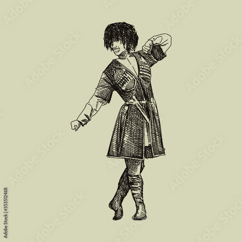 Hand-drawn sketch of national Azerbaijan dancer on a white background dancing lezginka in a national costume.	
