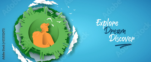 Man with backpack eco city travel concept banner