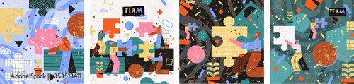 People looking for creative solutions and teamwork. Modern vector illustration of people assembling a puzzle. Drawing business, marketing, finance and cooperation for website, poster,  or booklet	