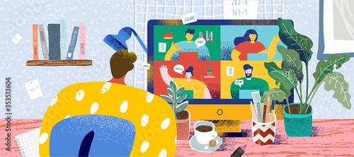 Video conference from home for online meetings and work. Vector illustration of a cozy desktop with a computer and a monitor with people, a cat, a plant, coffee and a stationery. Drawing for bunner