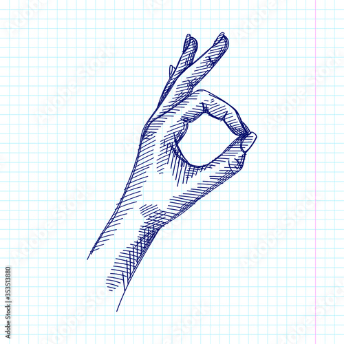 Hand-drawn sketch of a Ok Hand Sign on a white background. Hand Signs And Gestures. Hand poses.	