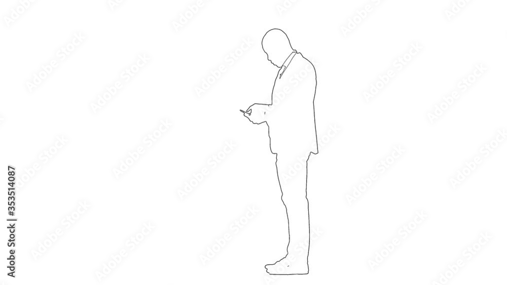 Outline sketch of man in suit and tie is writes a message by mobile phone isolated on white background Outline sketch of man in suit and tie is writes a message by mobile phone isolated on white background