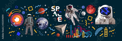 Fototapeta Naklejka Na Ścianę i Meble -  Space. Vector abstract illustrations of an astronaut, planets, galaxy, mars, future, earth and stars. Science fiction drawing for poster, cover or background

