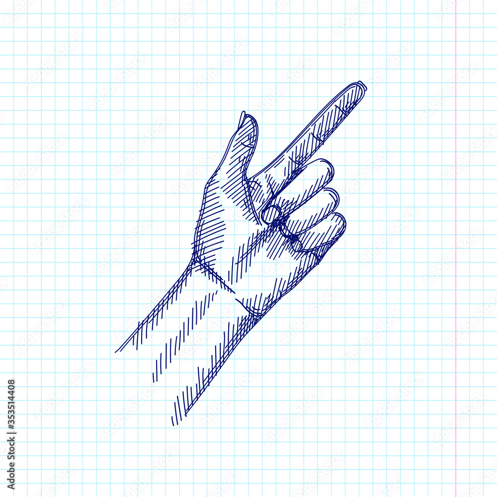 Handdrawn sketch of The Finger Gun Hand Sign on a white background