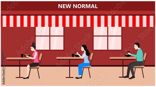 New normal concept and physical distancing people eating and keep distance to prevent disease outbreak vector illustration. New normal after COVID-19 pandemic concept