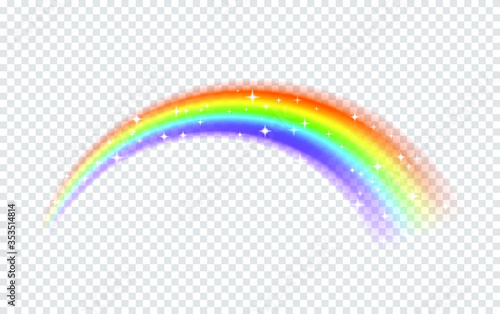 Rainbow with sparkles isolated on transparent background. Vector realistic illustration of arch in spectum colors. 