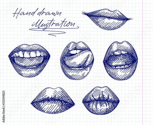 Hand-drawn sketch of lips set. Set of smiling and kissing lips, lips licking a tongue, smile with opened mouth, serious, sexy, seductive lips.	