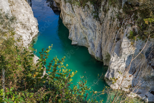 Kobarid  Slovenia - October 28  2014  The Soca river flows through western Slovenia and its source lies in the Julian Alps. One of the most beautiful rivers in Europa  known for its emerald color.