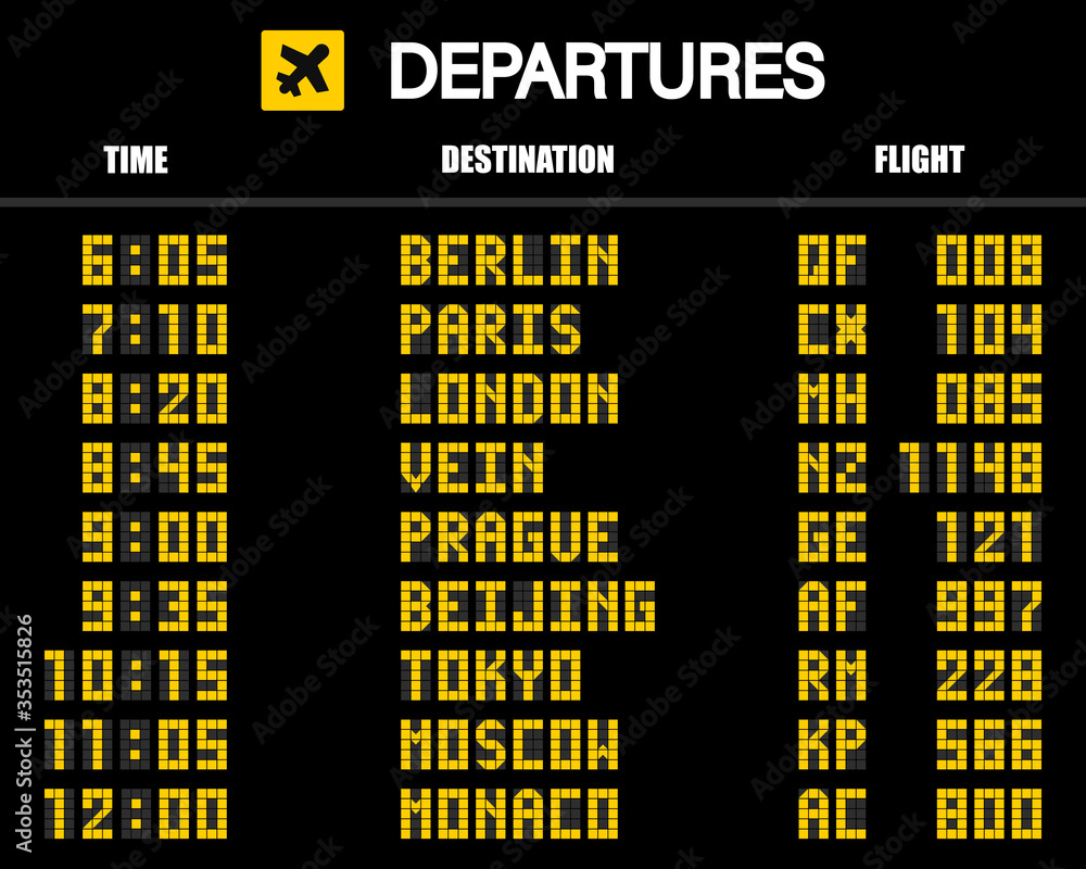 Fototapeta premium Airport scoreboard according to the mechanical schedule. Vector illustration