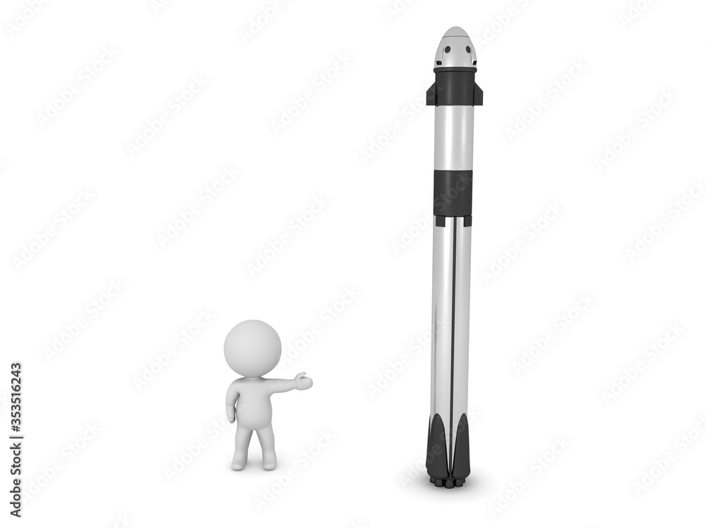 3D Character showing rocket spaceship 3D Character showing rocket spaceship