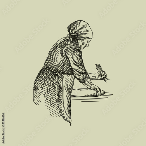 Hand drawn sketch of azeri woman making tandir bread  pita or pide bread dough. Old woman. The making of tandir bread