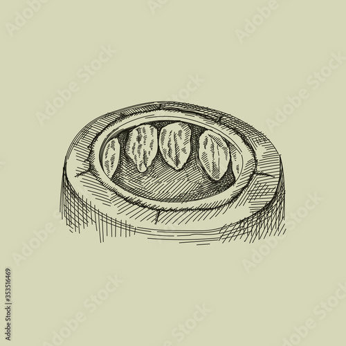 Hand drawn sketch of azeri tandir bread pita or pide bread dough. Tandir hanging and baking in the clay oven. Top view of the clay oven with tandir bread inside