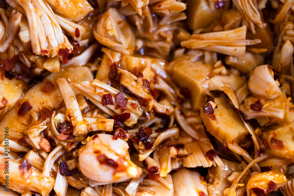 plant-based food concept, marinated bbq sauce jackfruit with chilli flakes plant-based food concept, marinated bbq sauce jackfruit with chilli flakes