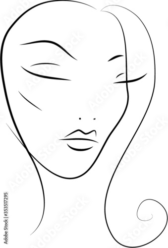 Beautiful simple line art doodle girl with eyes closed, isolated on white background. Can be used for cosmetics, beauty, spa and makeup advertising and beauty salon business cards.