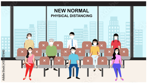 New normal in physical distancing people keep distance from each other and wearing face mask prevention from disease outbreak vector illustration. New normal after COVID-19 pandemic concept