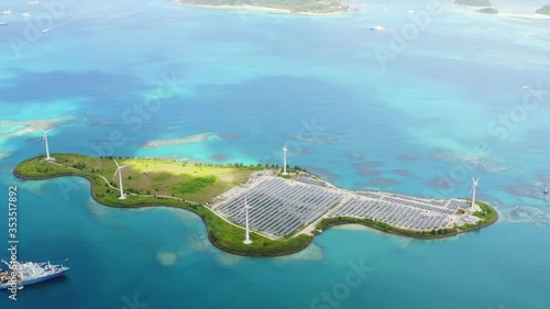 Solar farm on Romainville Island at Seychelles. View from above. 4k footage