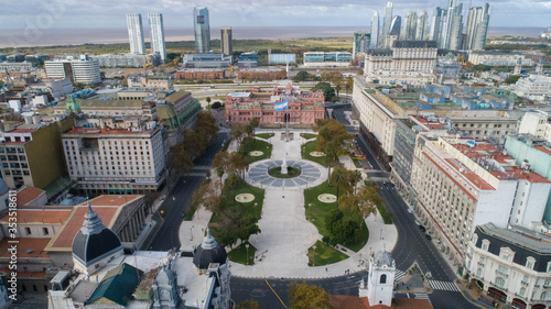 Aerial photo with drones. Plaza de Mayo  May square  in Buenos Aires  Argentina. It s the hub of the political life of Argentina.