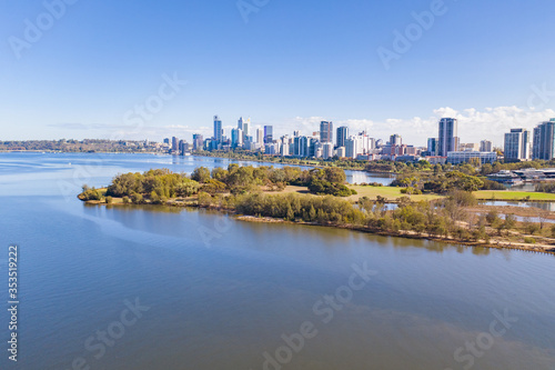 Perth City skyline with Heirisson island in the foreground. 