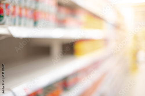 Abstract blurred effect Empty Food Shelves in a Supermarket due to people panicking and hoarding groceries,
