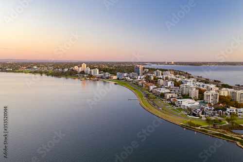 Aerial drone shot of the South Perth foreshore at sunset.  © Sky Perth
