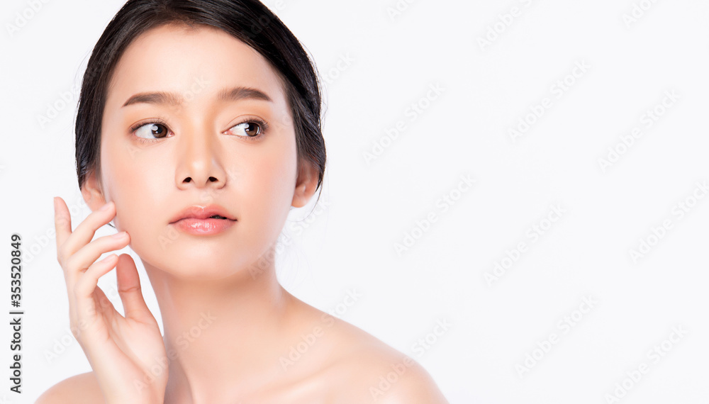 Beautiful Young Asian Woman touching her clean face with fresh Healthy Skin, isolated on white background, Beauty Cosmetics and Facial treatment Concept Beautiful Young Asian Woman touching her clean face with fresh Healthy Skin, isolated on white background, Beauty Cosmetics and Facial treatment Concept