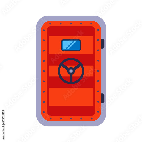 heavy red bunker door. hide in a bomb shelter. flat vector illustration.