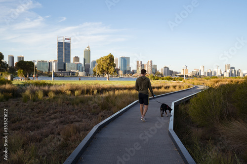 Man walking his dog along the South Perth Foreshore at sunrise. The beautiful Perth city is in the background. 