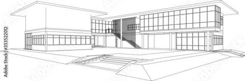 3D architectural illustration design project of office building in vector wireframe perspective with white background 