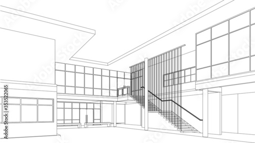 3D architectural illustration design project of office building in vector wireframe perspective with white background