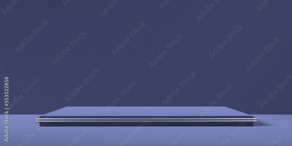 Espositore vuoto blu su fondo blu e bordi con vetro, podio o piedistallo per esposizione prodotti, base con sfondo vuoto, Rendering 3D, visione frontale Espositore vuoto blu su fondo blu e bordi con vetro, podio o piedistallo per esposizione prodotti, base con sfondo vuoto, Rendering 3D, visione frontale
