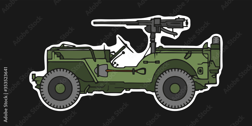 Military jeep with mounted heavy machine gun. Side view, cartoon style.