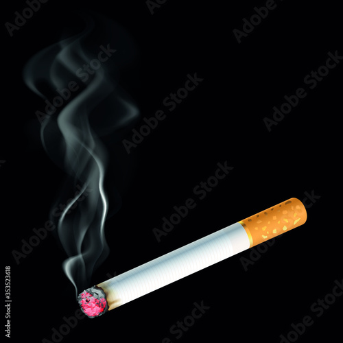 Realistic Cigarette burns on black background. Vector Illustration. Smoke steam with cigarettes.