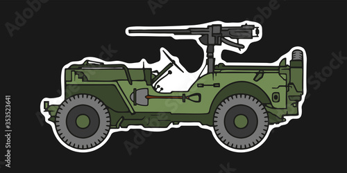 Military jeep with mounted heavy machine gun. Side view, cartoon style.