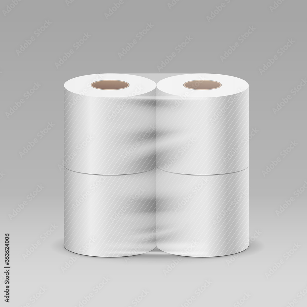 Plastic roll toilet paper one package four piece, design on gray background, vector illustration Plastic roll toilet paper one package four piece, design on gray background, vector illustration
