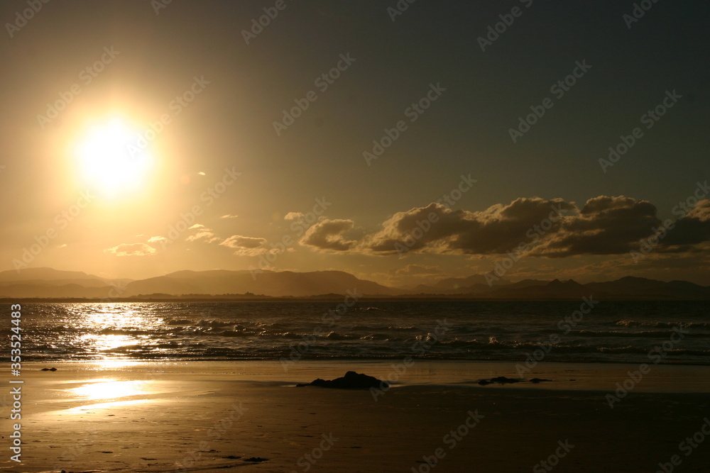 Sky sunset, water beach, clouds, golden sky, waves sand