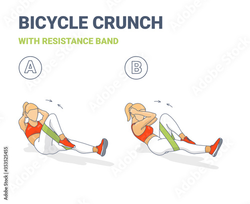 Bicycle Crunch Abs with Resistance Band Girls Abdominal Home Workout Exercise Colorful Concept