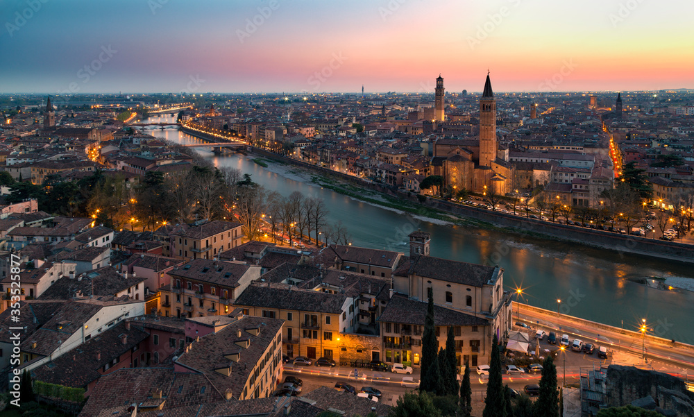 Aerial view of Verona city, Italy, at twilight.