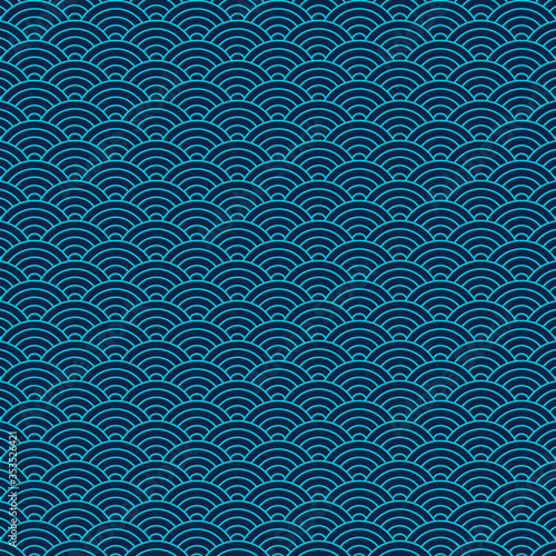 Wave crest pattern inspired by traditional Japanese geometrical patterns. Abstract vector design. Blue Segaiha pattern.