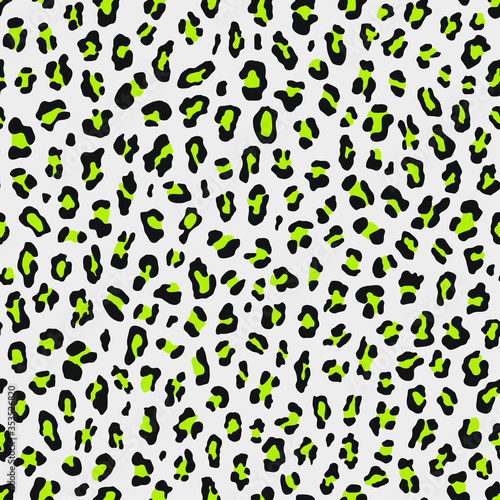 Seamless 80s Retro Style Leopard Print with lime green spots on white background. Vector illustration animal repeat surface pattern. Punk rock style eighties/80s fashion pattern.