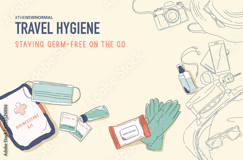 Vector illustration of New Normal Lifestyle, Travel safely with hygiene product, Disinfectant kit. Protect yourself from germs, bacteria and viruses. Coronavirus (COVID-19)