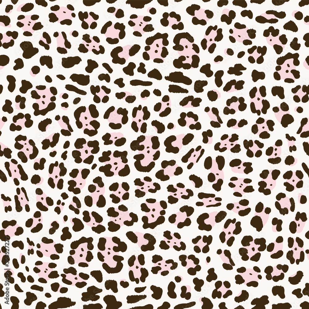 Leopard print seamless pattern with bright pink and black spots on ...