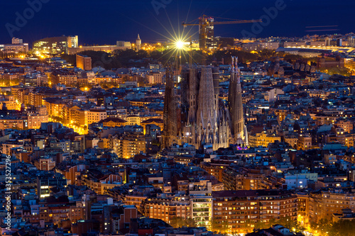 Aerial distant view of Barcelona city at twilight. Barcelona  Spain.